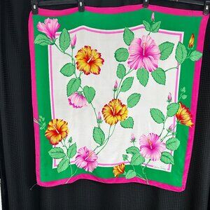 Vintage Carleton Varney Silk Scarf Green Pink Floral Crepe de Chine 34" Square